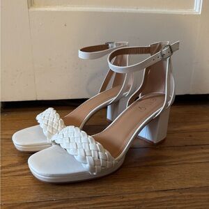 🤍 Rouge Helium White Size 9 Braided Block Heel Sandals Ankle Strap Chic Minimal